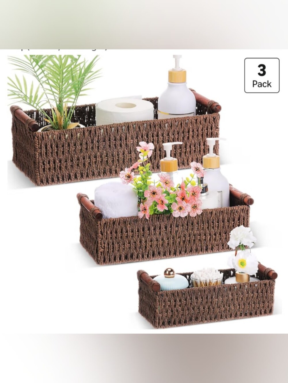 Boao 3 Pcs Boho Storage Wicker Baskets Handmade Woven Decorative Paper Rope
